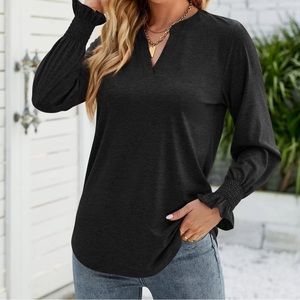 Womens Casual V Neck Loose Ruffles Long Sleeve